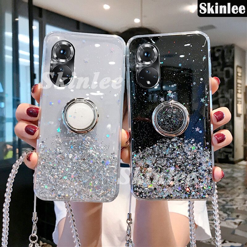 Phone Case for Huawei P50 Glitter Starry Sky Bling Ring Lanyard Shiny Soft Cases for Huawei P50 Transparent Holder Stand Back Cover Stars Girls