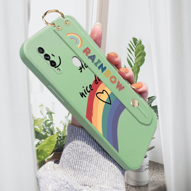 Jizetin for OPPO A31 2020 Wrist Strap Case INS Style Smile Rainbow Cover Ultra Thin Anti Fall Liquid Silicone Phone Case