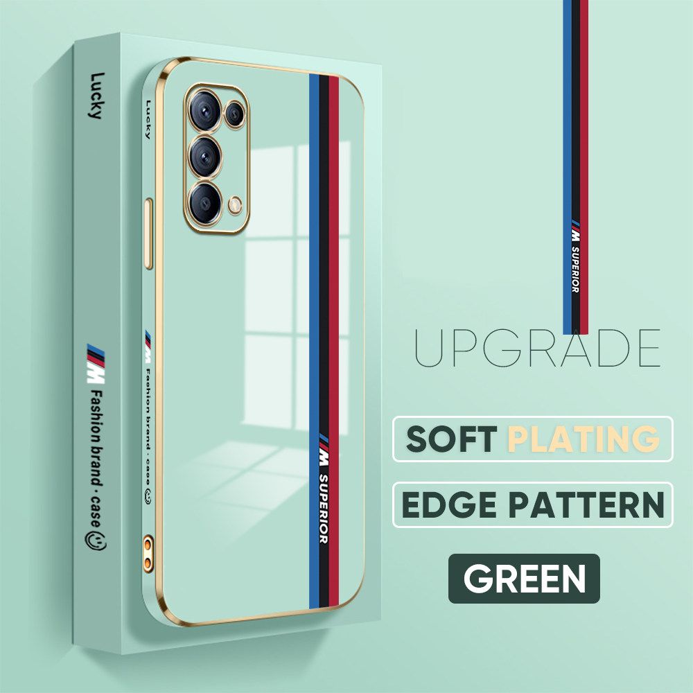 TA for OPPO Reno5 4G 5G Back Cover + Free Lanyard Track Sign Luxury 6D Plating Case Side Pattern Soft Silicone Square Phone Cases