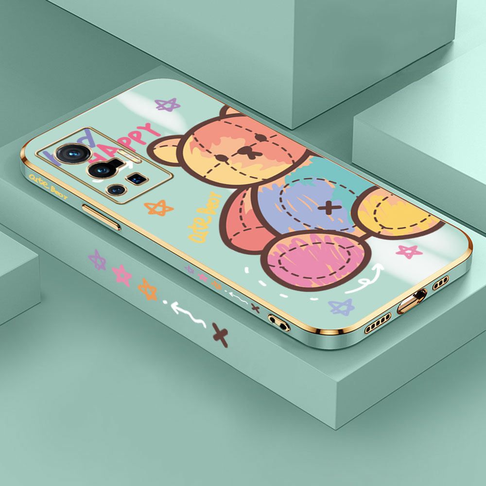 Jizetin (Free Lanyard) Vivo X70 Pro 5G Case Color Doll Bear Luxury 6D Plating Soft Casing Silicone Ultra Thin Phone Cover