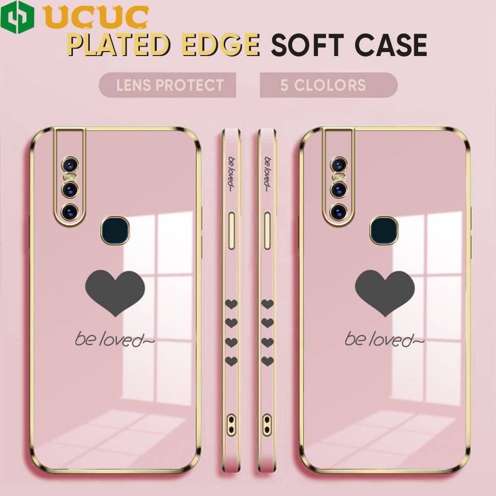 UCUC for Vivo V15 1819 Back Cover + Free Lanyard Lover Heart Luxury 6D Plating Case Side Pattern Soft Silicone Square Phone Cases