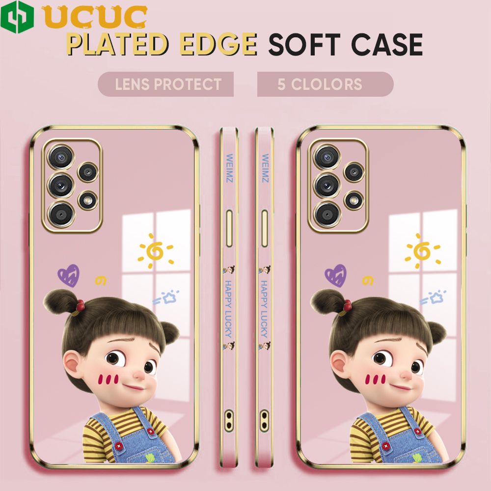 UCUC for Samsung Galaxy A52 / A52 5G / A52S 5G Back Cover + Free Lanyard Lovely Girl Luxury 6D Plating Case Side Pattern Soft Silicone Square Phone Cases