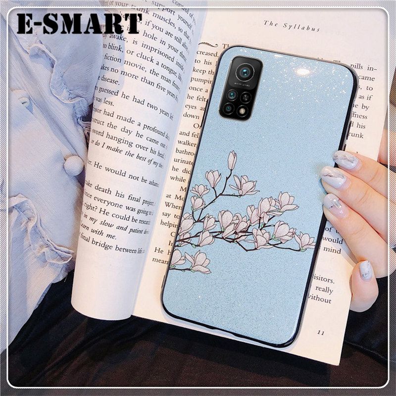 For Xiaomi 10T Pro Case Flowers Gardenia & Magnolia Bling Glitter Soft Silicone Protector Xiaomi Mi 10T Pro Back Cover