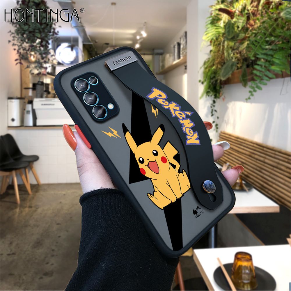 Hontinga for OPPO Reno5 5G Back Cover With Wristband Cartoon Pikachu Phone Casee Full Lens Protection Thin Frosted Cases