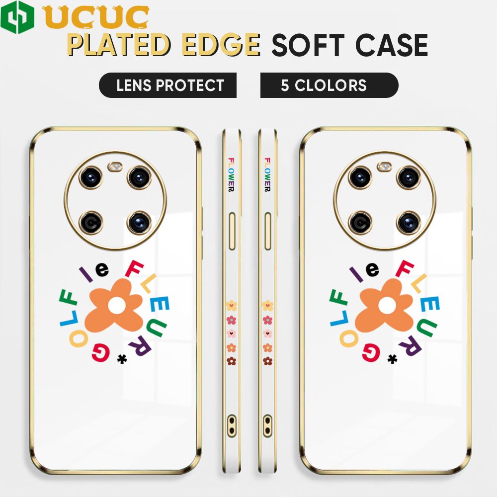 UCUC for Huawei Mate 40 Back Cover + Free Lanyard Colorful Flower Luxury 6D Plating Case Side Pattern Soft Silicone Square Phone Cases