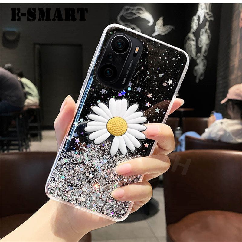 Phone Case Xiaomi Redmi Note 10S Transparent Bling Glitter Cases Soft Clear Shining Sequin Back Cover with Daisy Flowers Folding Redmi Note 10S Case
