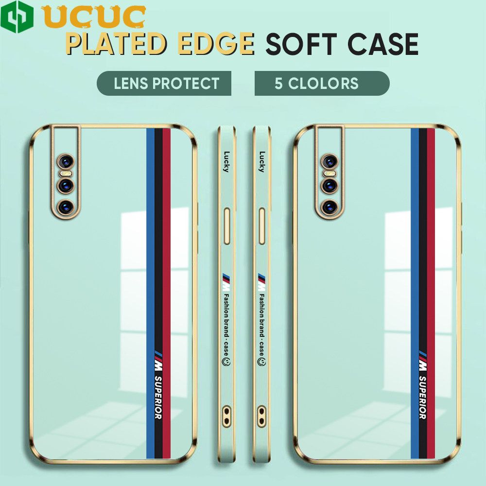 UCUC for Vivo V15 Pro Back Cover + Free Lanyard Track Sign Luxury 6D Plating Case Side Pattern Soft Silicone Square Phone Cases