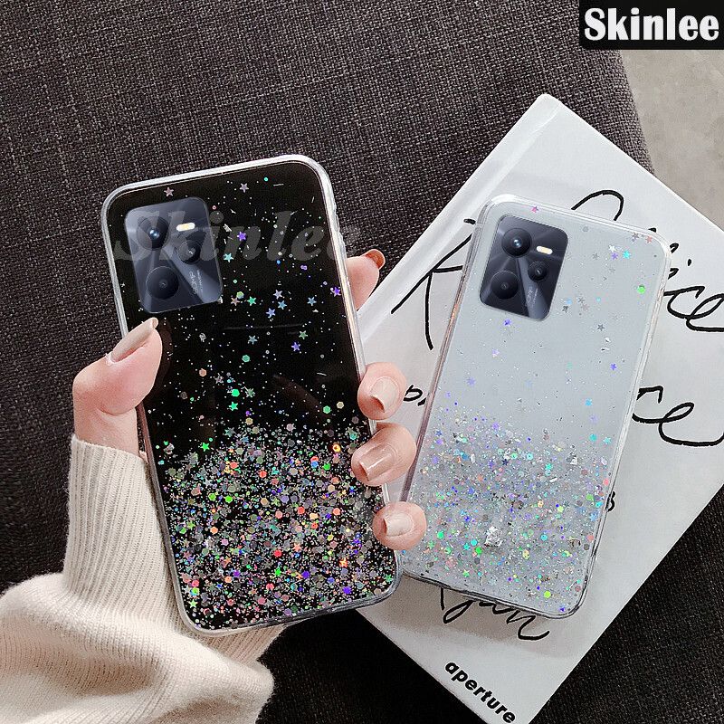 Phone case Realme C35 Back cover Full Stars Moon Starry Sky Transparent Bling Sequins Soft Back cover for Realme C35 cases