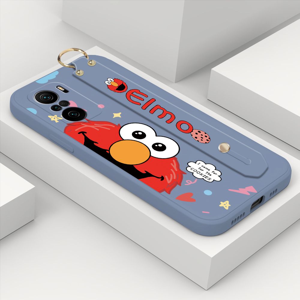 ZeroQiQi for Xiaomi Redmi K40 Wrist Strap Case Cute Cute Cartoon Little Monster Phone Cover Square Edge Liquid Silicone Case Full Cover Camera Shockproof Protective Cases