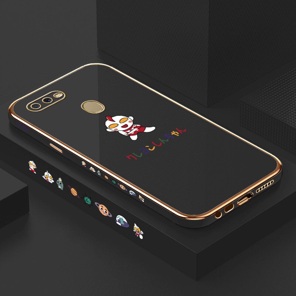 Luxury 6D Plating Case for OPPO A5S Cute Cartoon Side Pattern Back Cover Soft Silicone Square Frame Shiny Bling Phone Cases + Free Lanyard
