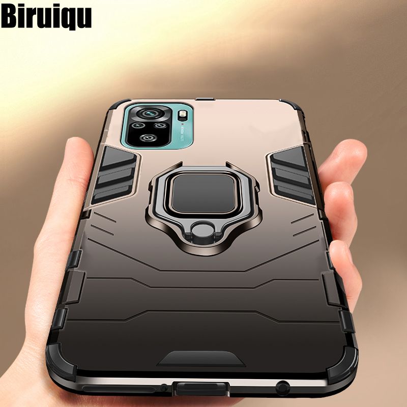 Biruiqu For Redmi Note 10 4G / Redmi Note 10s Soft TPU+Hard PC Black Panther Shockproof Slim Protective Case Cover with Kickstand