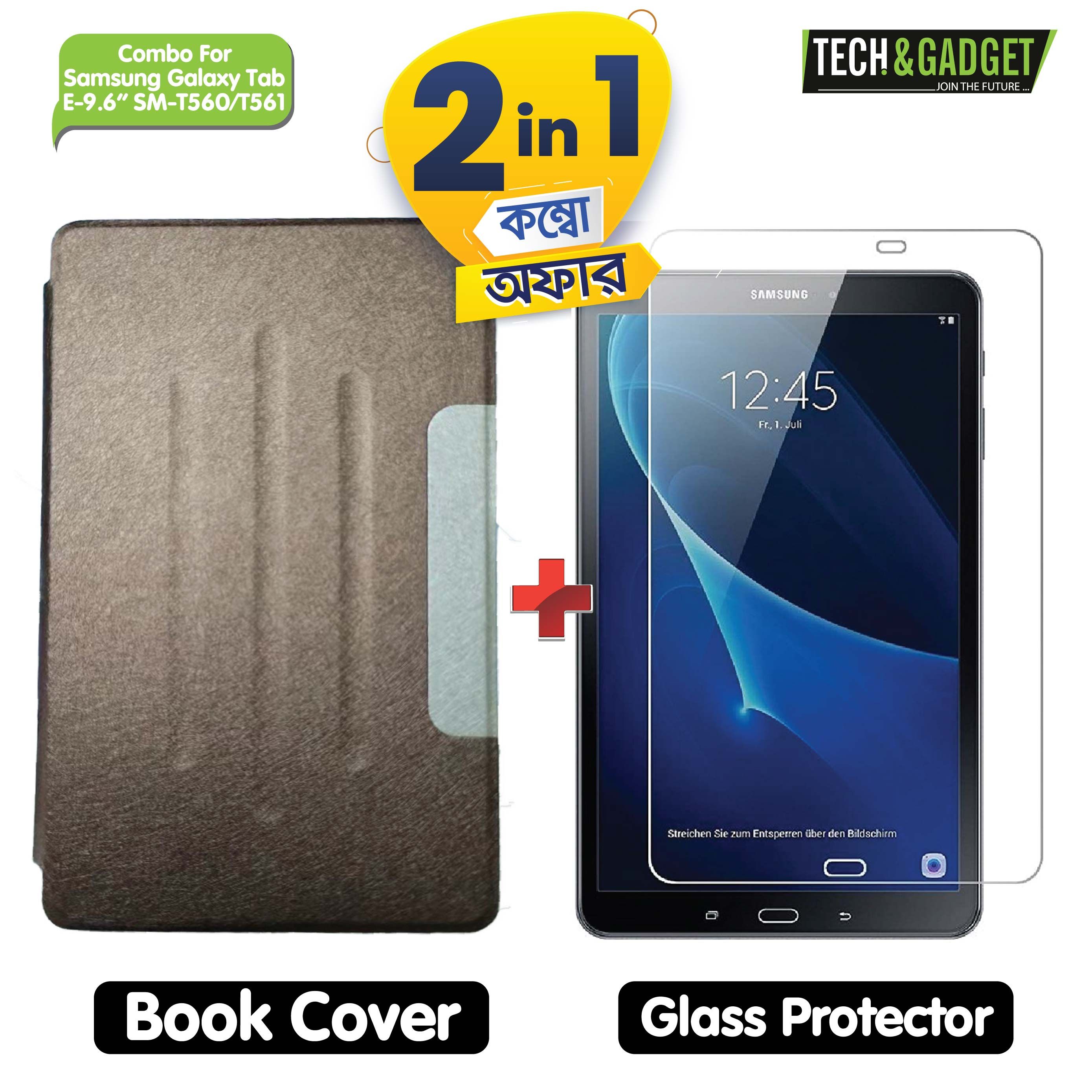 Samsung Galaxy Tab E- 9.6 T560/T561(9.6 Inch) Golden Luxury Horizontal Flip Book Cover + Tempered Glass Protector for Samsung Galaxy Tab E -9.6  - (2in 1 Combo)