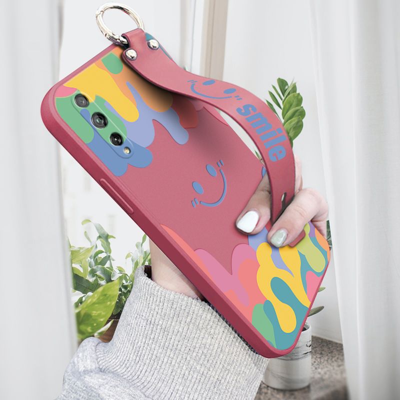 Hontinga for Huawei Y8P Wrist Strap Case Soft Candy Color Splash Ink Cover Trend Square Printed Pattern Liquid Silicone Phone Case