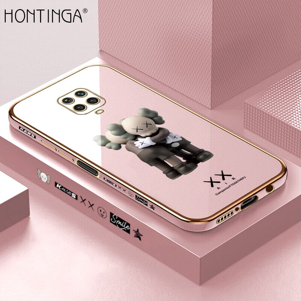 Hontinga for Redmi Note 9S / Note 9 Pro / Note 9 Pro Max Back Cover + Free Lanyard Luxury 6D Plating Cartoon Hug bear Side Pattern Case Soft Silicone Square Mobile Cover