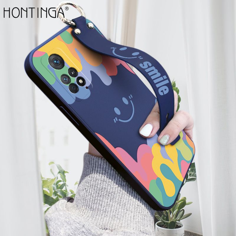 Hontinga for Redmi Note 11 Pro 4G / 5G Back Cover Wrist Strap Soft Candy Color Splash Ink Case Square Printed Pattern Liquid Silicone Phone Cases