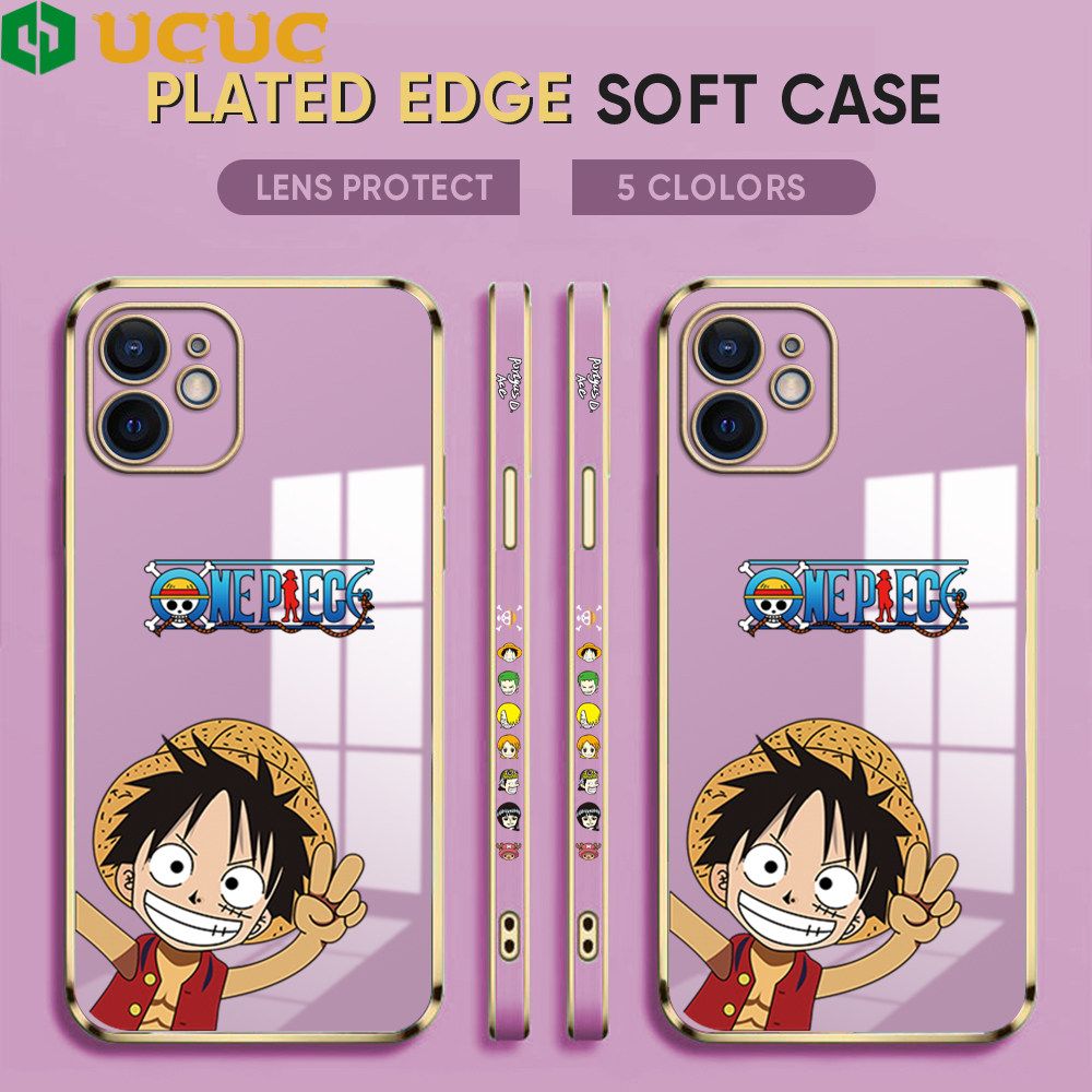 UCUC for iPhone 11 Back Cover + Free Lanyard Wave Luffy Luxury 6D Plating Case Side Pattern Soft Silicone Square Phone Cases