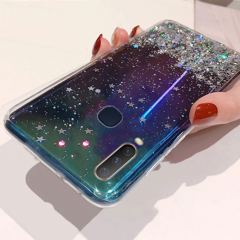Back Cover For Vivo Y12 Phone Case Glitter Silicone Soft Full Starry Sky String Glitter Transparent Space Stars Moon Vivo Y12 Case