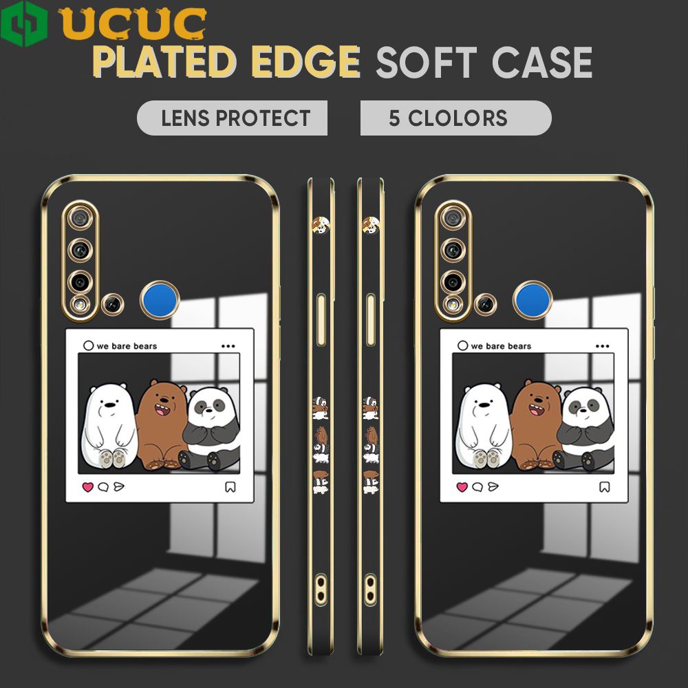 UCUC for Huawei P20 Lite 2019 Cover Bears Photo Luxury 6D Plating Soft Casing Silicone Square Frame Phone Case Shiny Bling Back Cover + Free Lanyard