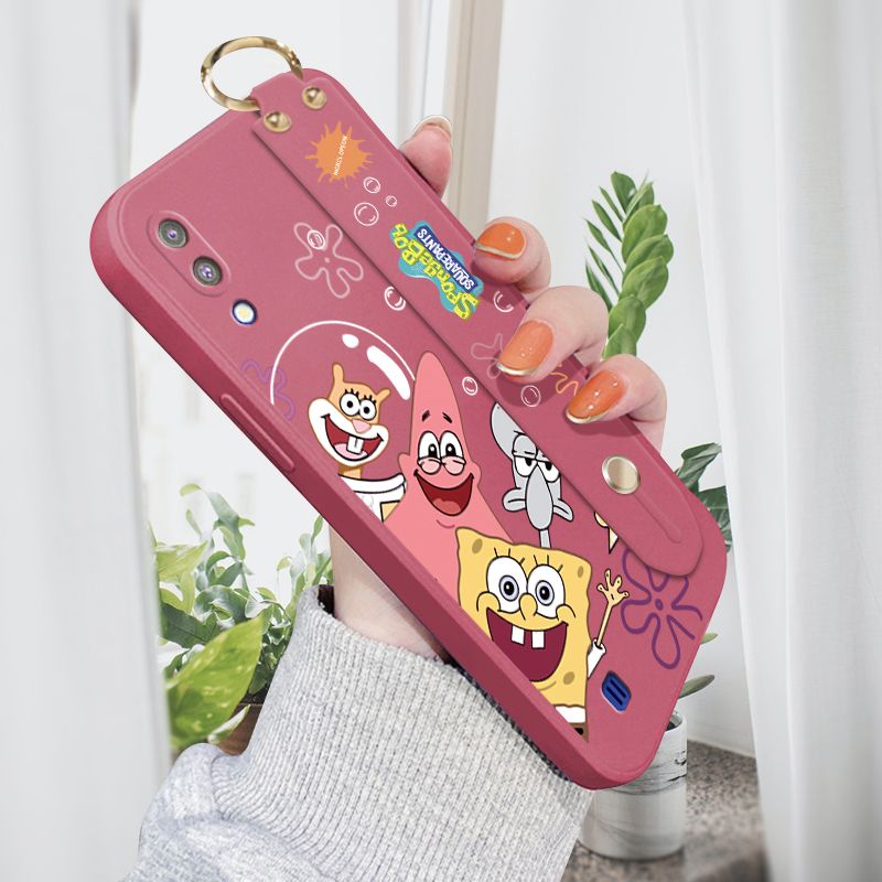 Jizetin for Samsung M10 Back Cover Cute Funny SpongeBob Wrist Strap Phone Case Candy Color shock proof Protective Phone Cases