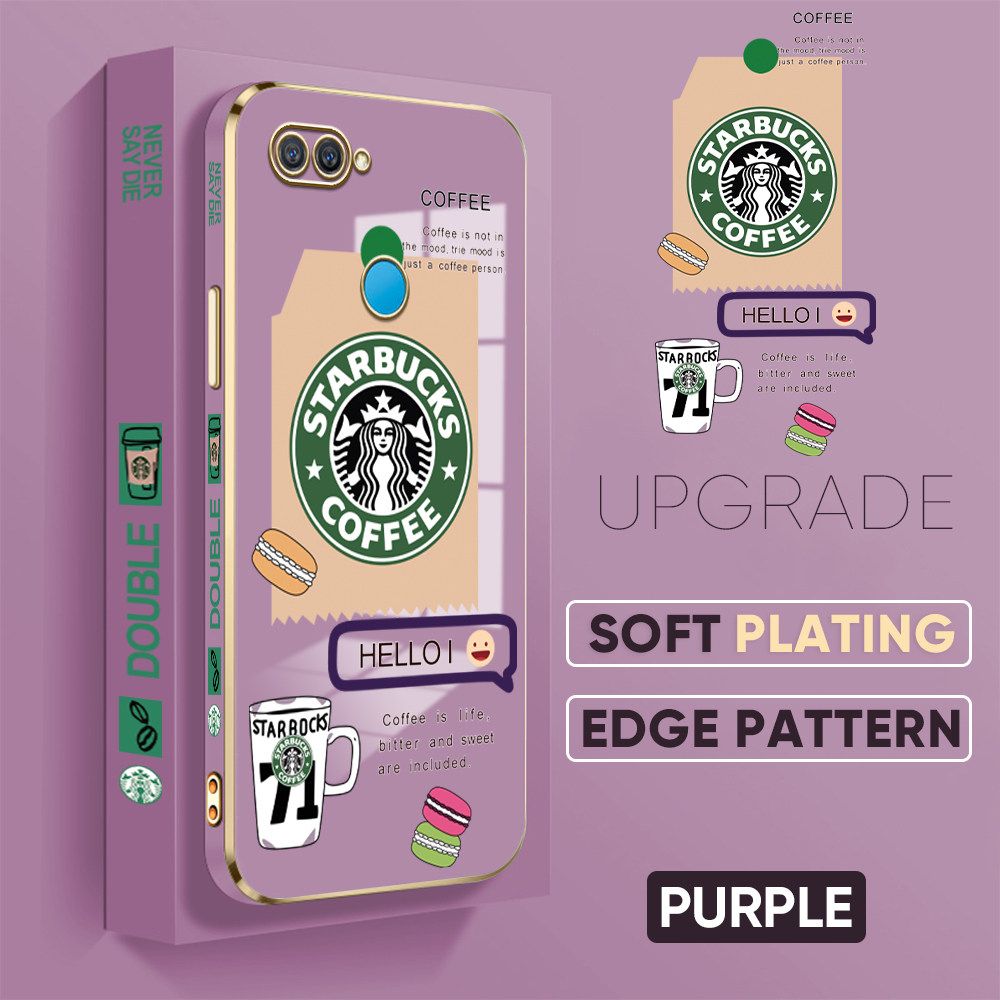 Jizetin (Free Lanyard) OPPO A5S A7 Back Cover Two Coffee Macaron Luxury 6D Plating Case Side Pattern Soft Silicone Square Mobile Phone Cases