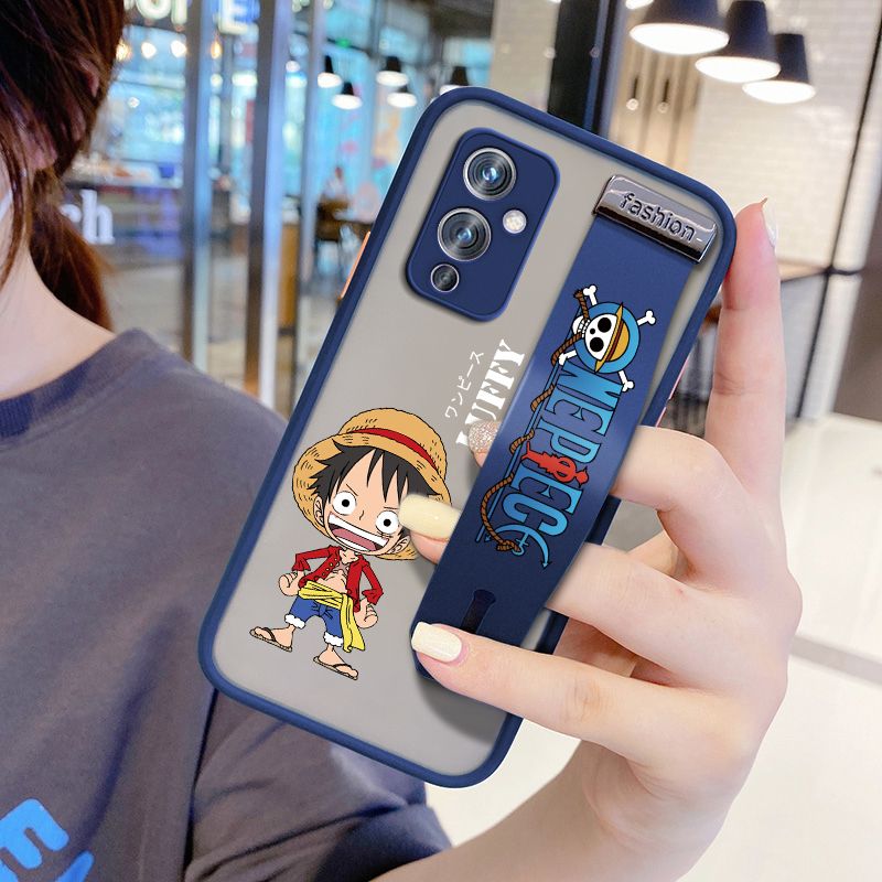UCUC for OnePlus 9 Wrist Strap Case Anime One Piece Luffy Wristband Printing Cover Shockproof Frosted Phone Case