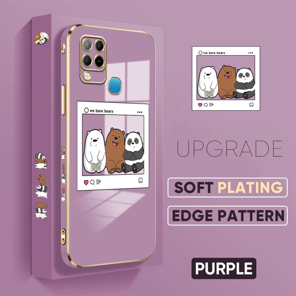 Jizetin (Free Lanyard) Infinix Hot 10S / Hot 10S NFC Back Cover Three Bare Bears Luxury 6D Plating Case Side Pattern Soft Silicone Square Phone Cases