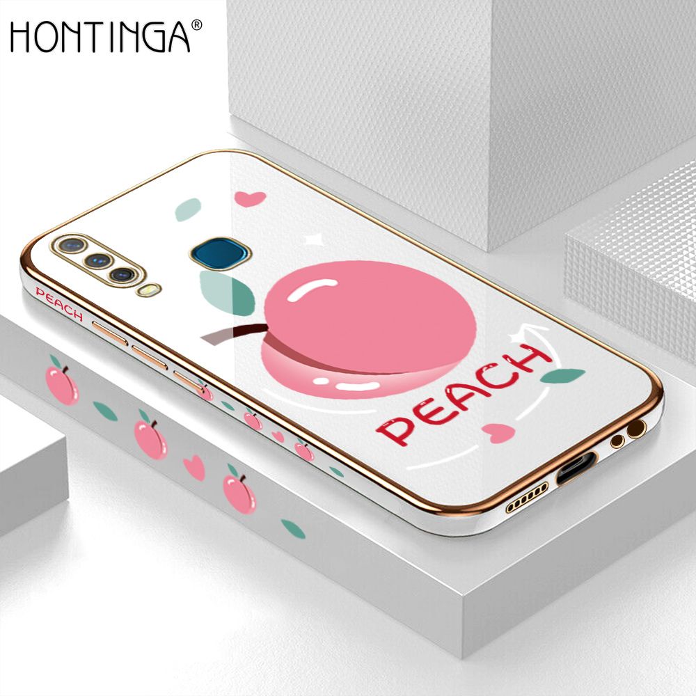 Hontinga for Vivo Y12 Case Luxury 6D Plating Soft Casing Silicone Square Frame Phone Cover Shiny Bling Side Print Cartoon Simple Peach Cases