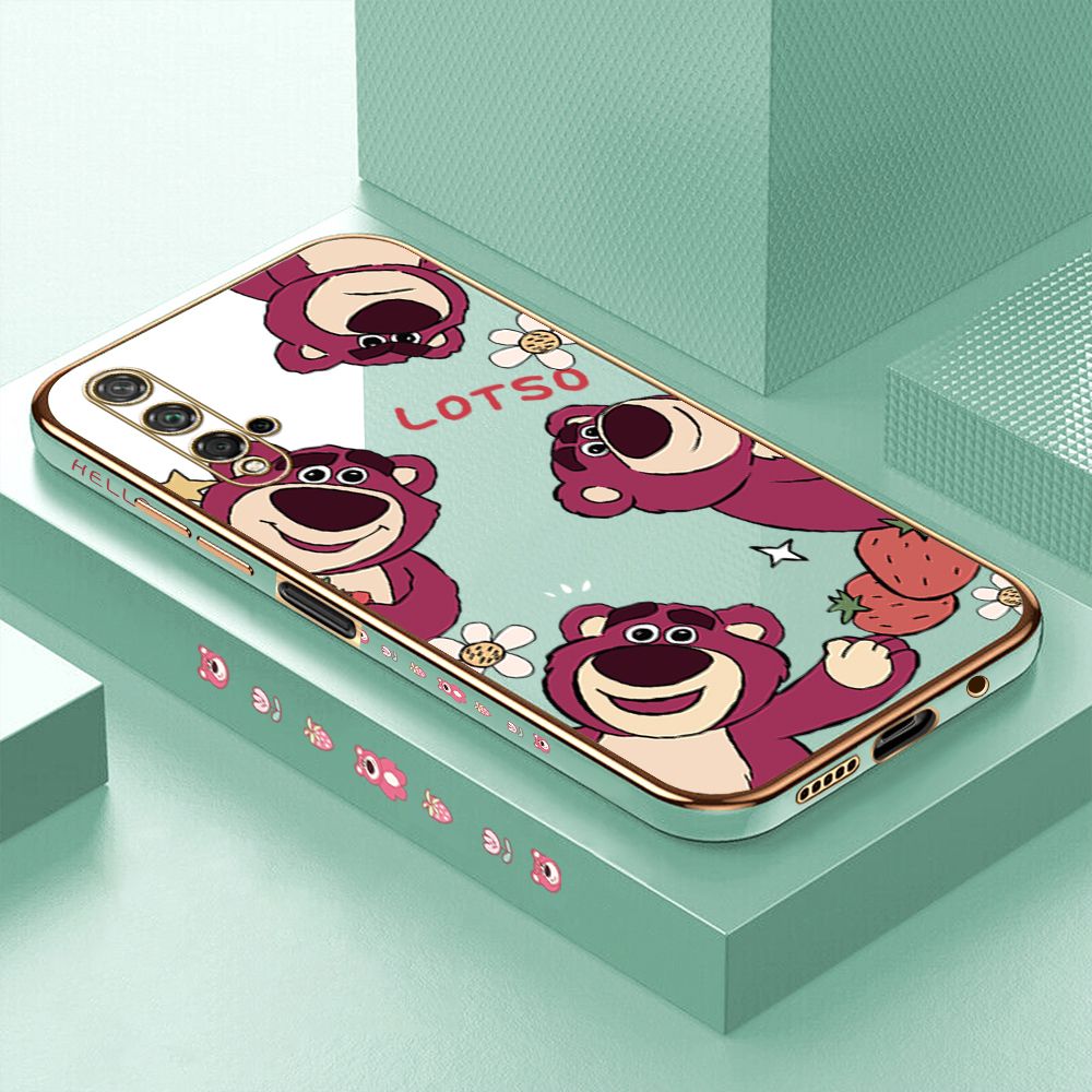 ZeroQiQi for Honor 20/Huawei Nova 5T Back Cover Cute Bear Luxury 6D Plating Case Side Pattern Soft Silicone Square Phone Cases + Free Lanyard