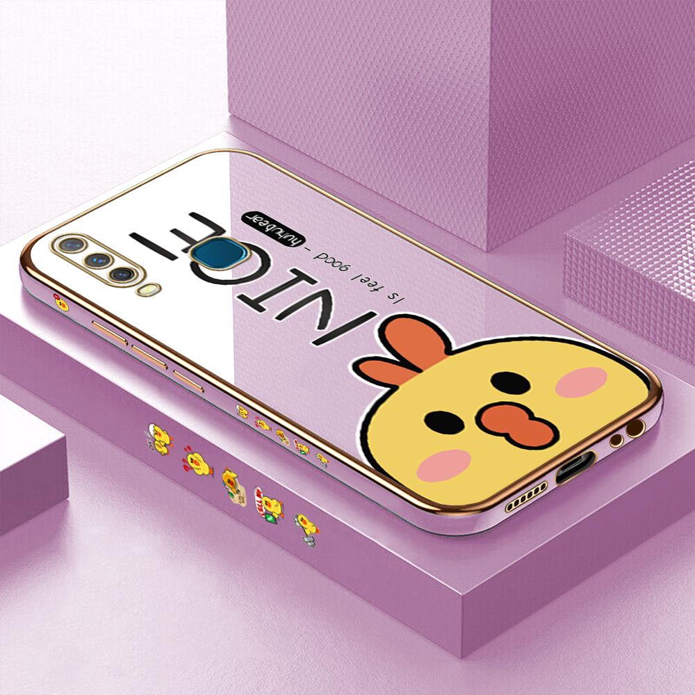 Luxury 6D Plating Case for Vivo Y17 Cute Cartoon Chicken Side Pattern Back Cover Soft Silicone Square Frame Shiny Bling Phone Cases + Free Lanyard