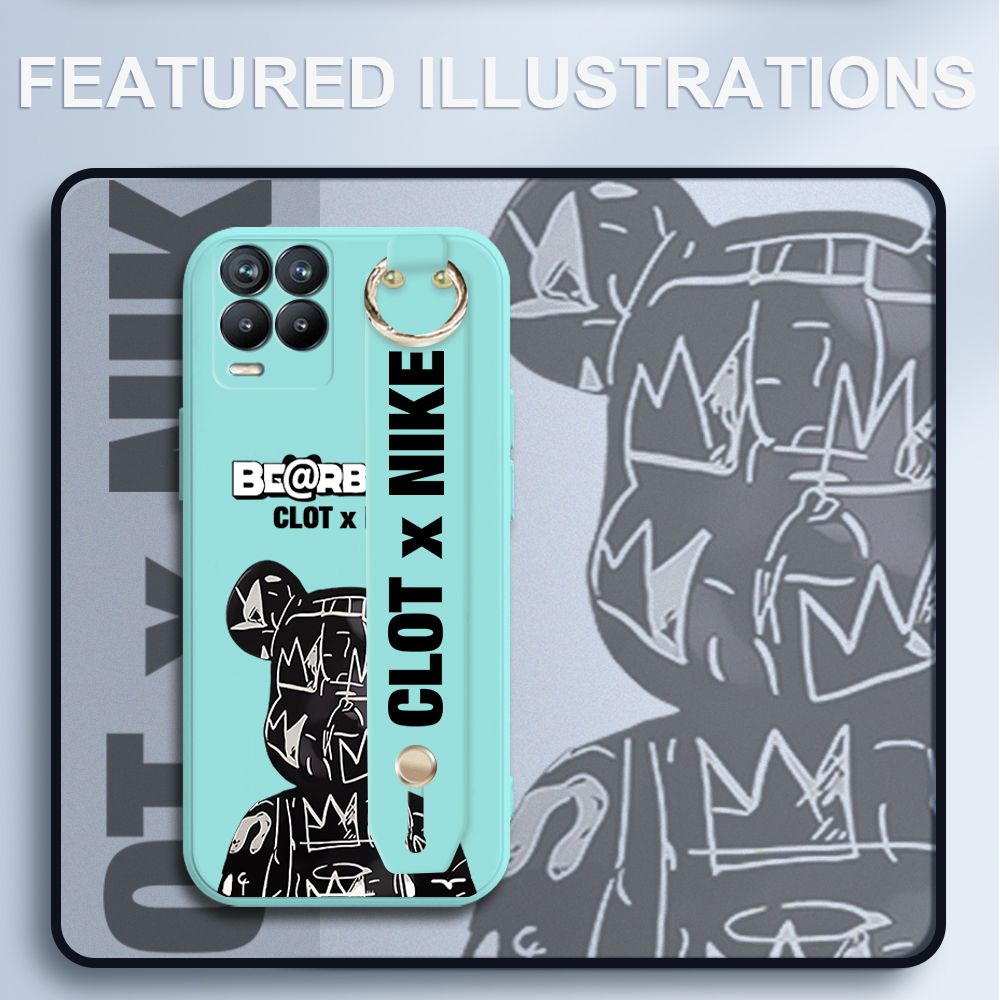 UCUC for Realme 8 Realme 8 Pro Wrist Strap Case Creative Cartoon Black Stitching Bear Cover Ultra Thin Anti Fall Liquid Silicone Phone Case