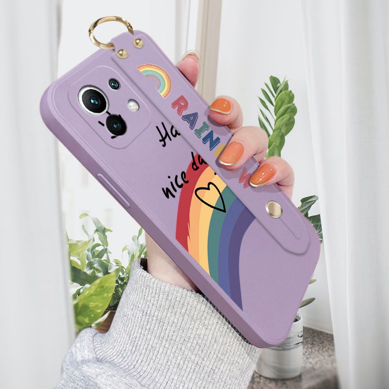 Jizetin for Xiaomi Mi 11 Wrist Strap Case INS Style Smile Rainbow Cover Ultra Thin Anti Fall Liquid Silicone Phone Case