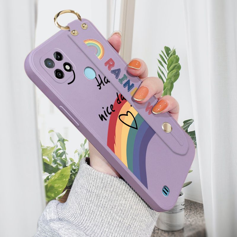 Jizetin for Realme C21 Wrist Strap Case INS Style Smile Rainbow Cover Ultra Thin Anti Fall Liquid Silicone Phone Case