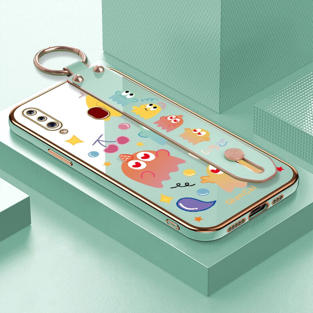 Jizetin for Samsung Galaxy A20S Back Cover Bean Monster Luxury 6D Plating Wrist Strap Phone Cases Soft Silicone Square Mobile Phone Case