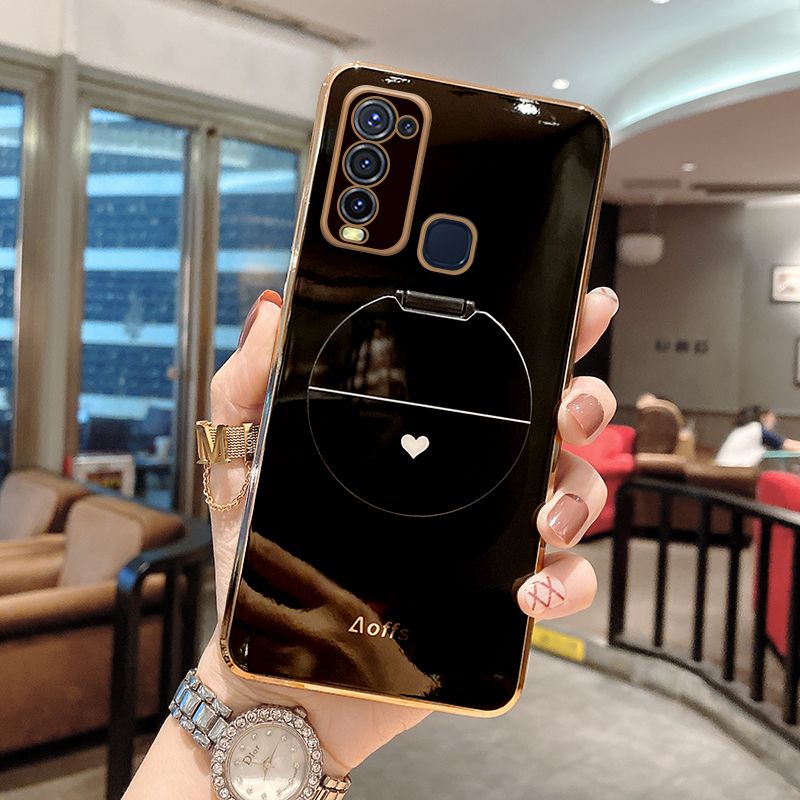 For Vivo Y30 Back Cover + Makeup Mirror Stand Holder Luxury Shiny Plating Square Bumper Soft Silicone Shockproof Protective Phone Case