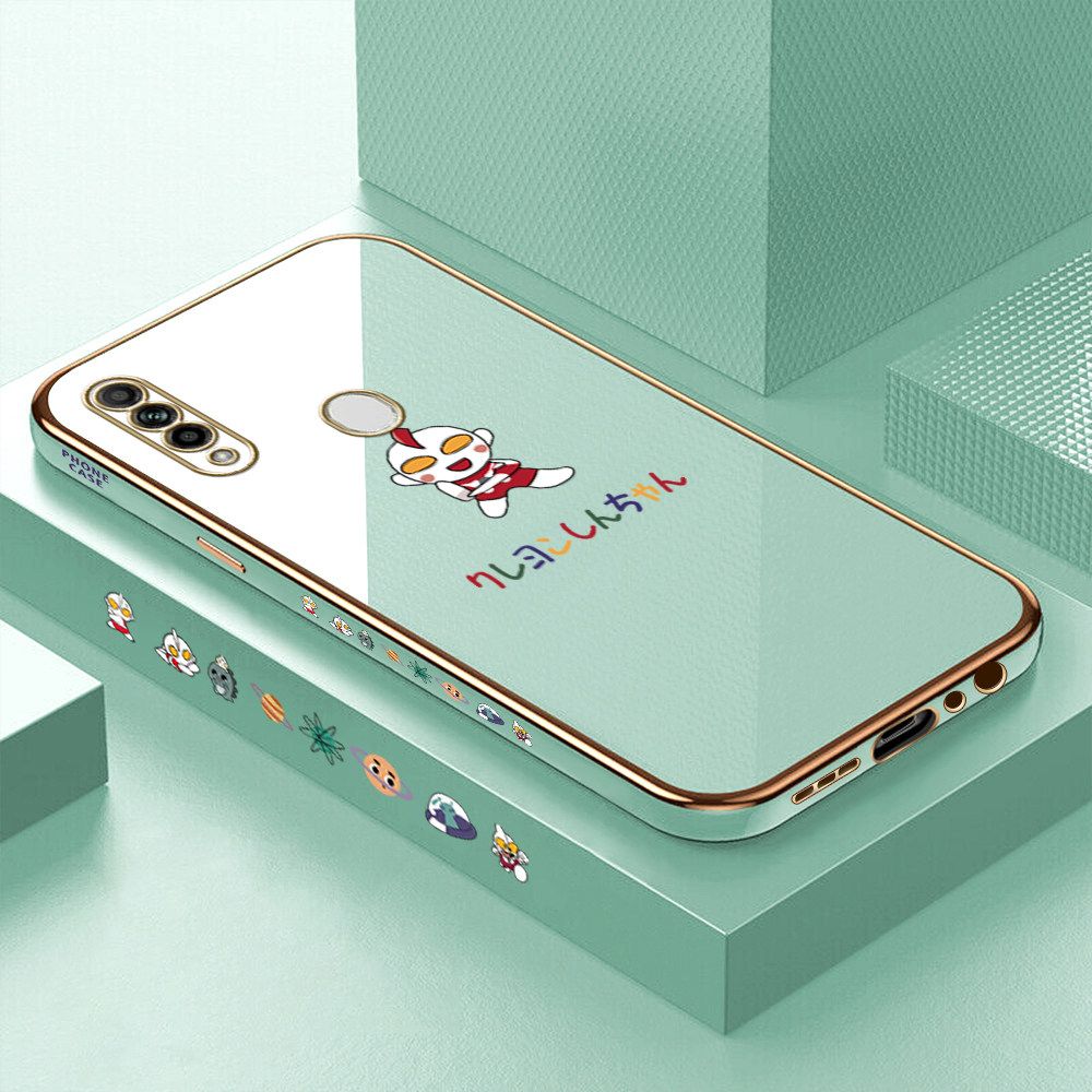 Luxury 6D Plating Case for OPPO A31 2020 Cute Cartoon Side Pattern Back Cover Soft Silicone Square Frame Shiny Bling Phone Cases + Free Lanyard