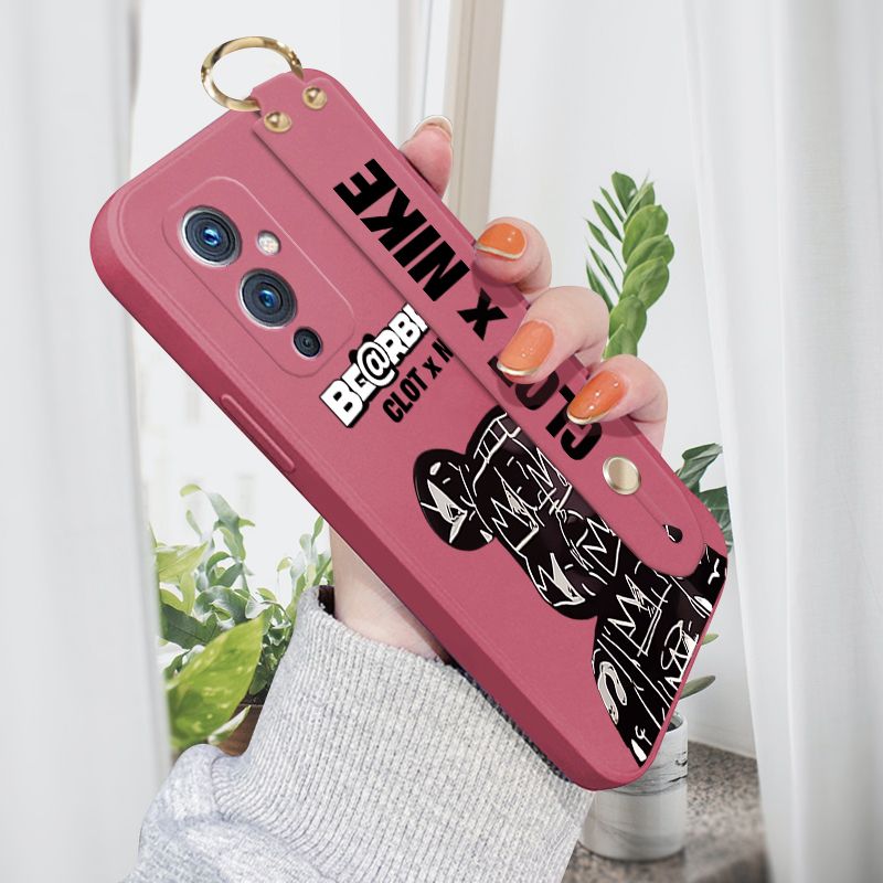 Jizetin for OnePlus 9 Wrist Strap Case Creative Cartoon Black Stitching Bear Cover Ultra Thin Anti Fall Liquid Silicone Phone Case
