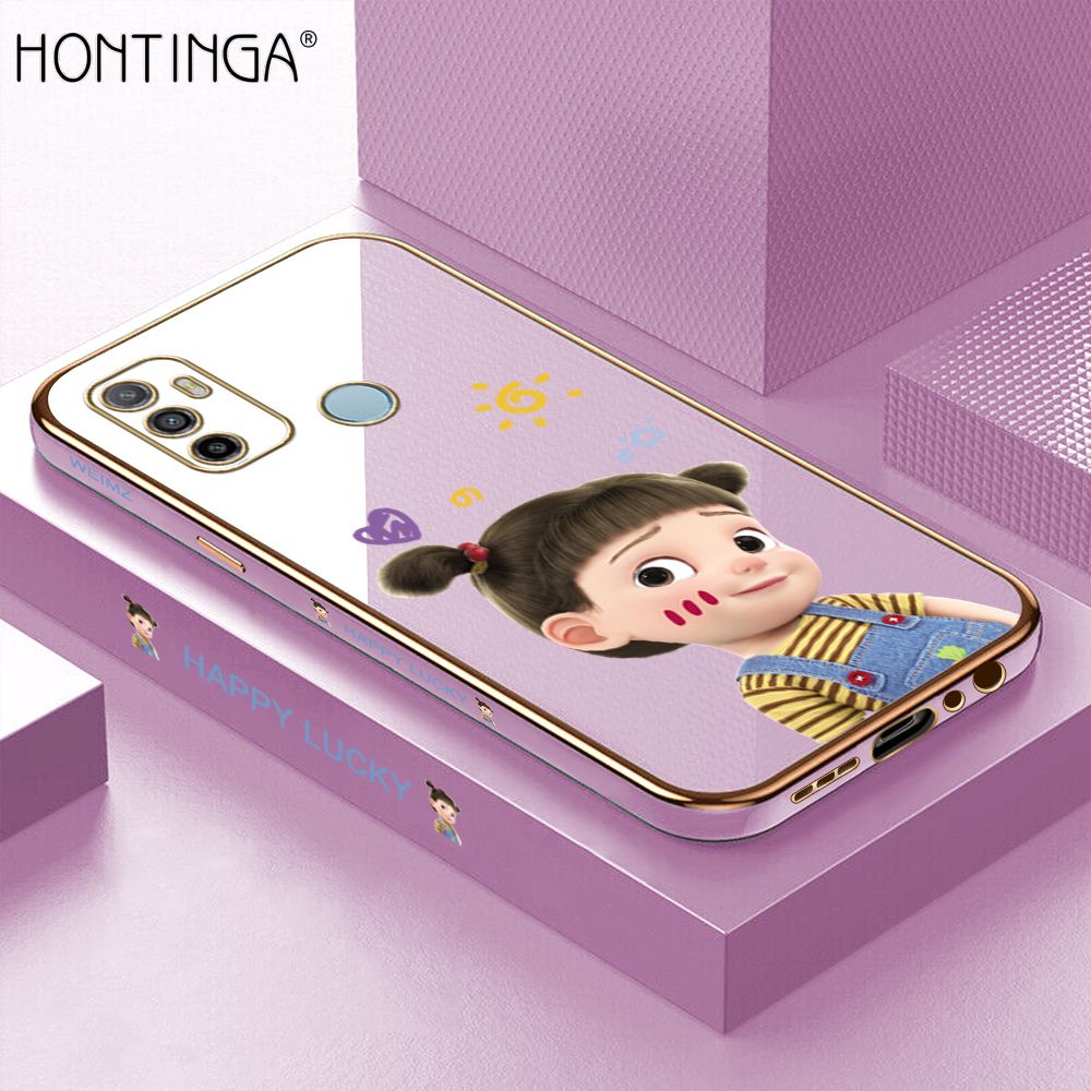 Hontinga for OPPO A53 2020 Back Cover + Free Lanyard Luxury 6D Plating Cute Cartoon Happy Girl Side Pattern Case Soft Silicone Square Phone Cases