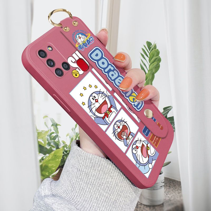 Jizetin for Samsung Galaxy A21S Wrist Strap Case Creative Cartoon Doraemon's Daily Life Cover Ultra Thin Anti Fall Liquid Silicone Phone Case