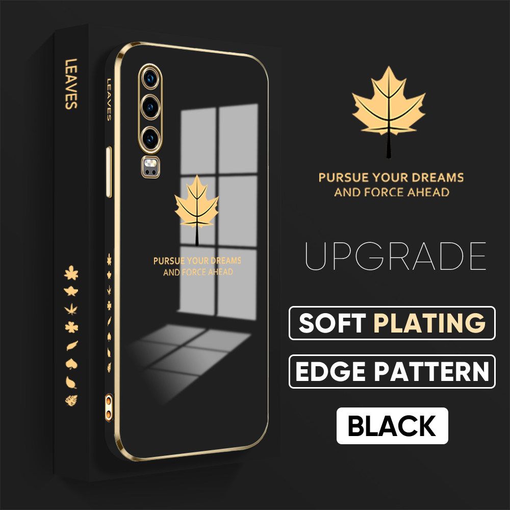Jizetin (Free Lanyard) Huawei P30 Luxury 6D Plating Soft Casing Silicone Square Frame Phone Case Shiny Bling Back Cover Maple leaf New design Side Drawing Case