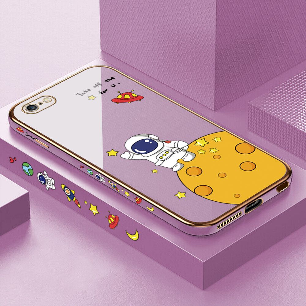 Luxury 6D Plating Case for iPhone 6 Plus Cute Cartoon Happy Astronaut Side Pattern Back Cover Soft Silicone Square Frame Shiny Bling Phone Cases + Free Lanyard
