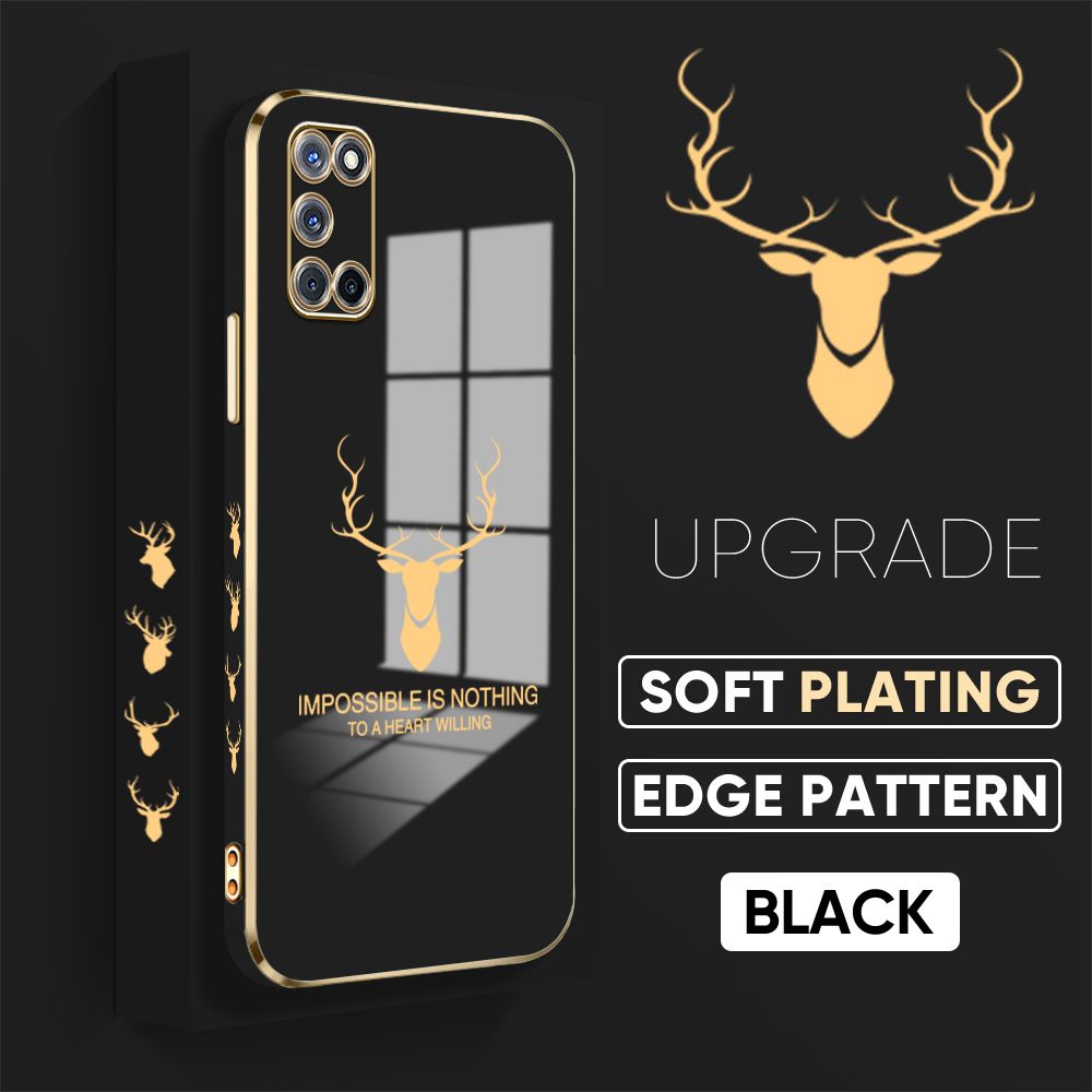 Jizetin (Free Lanyard) OPPO A92 / A52 Cover Simple Antlers Luxury 6D Plating Soft Casing Silicone Square Frame Phone Case Shiny Bling Back Cover