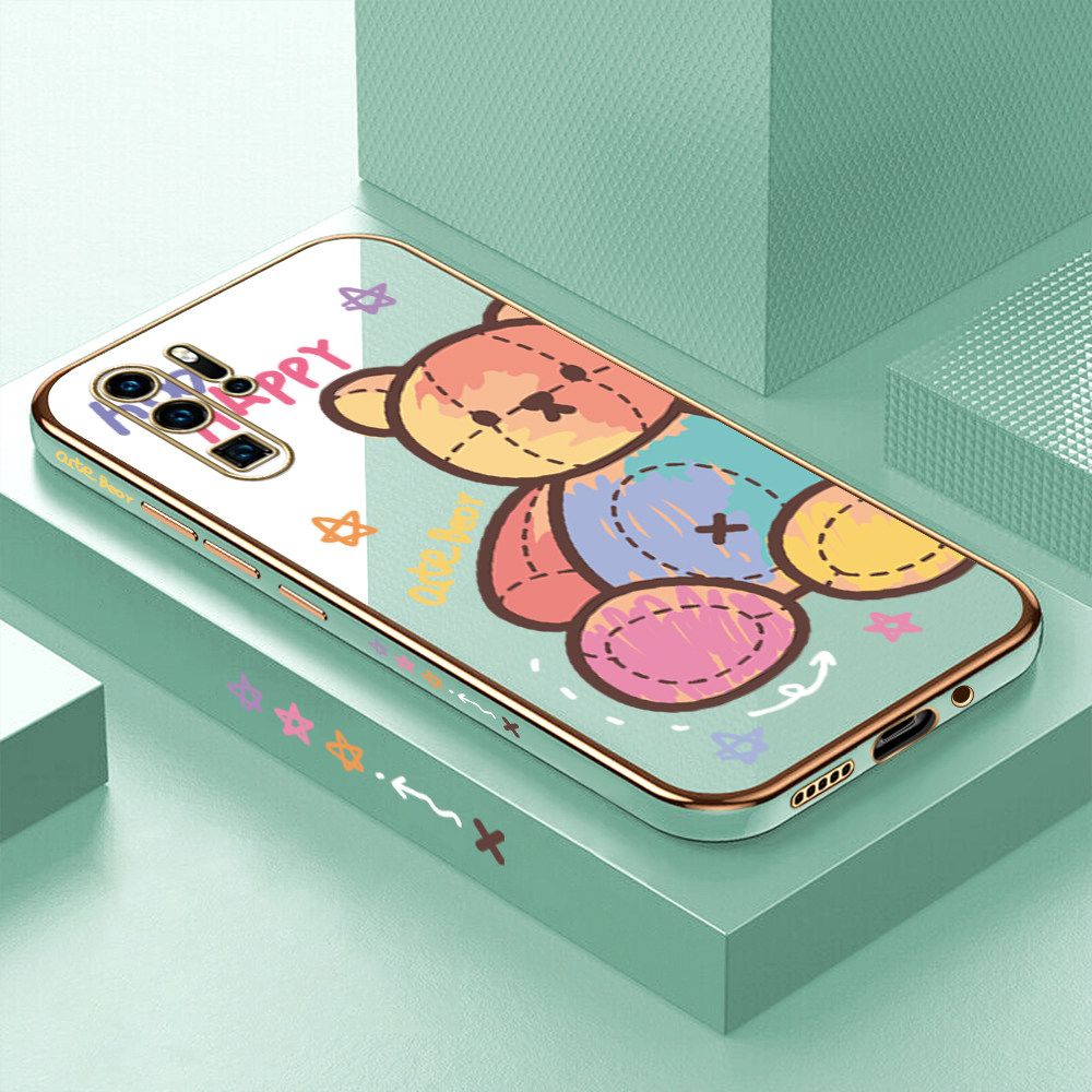 Luxury 6D Plating Case for Huawei P30 Pro Color Cartoon Doll Bear Side Pattern Back Cover Soft Silicone Square Frame Shiny Bling Phone Cases + Free Lanyard