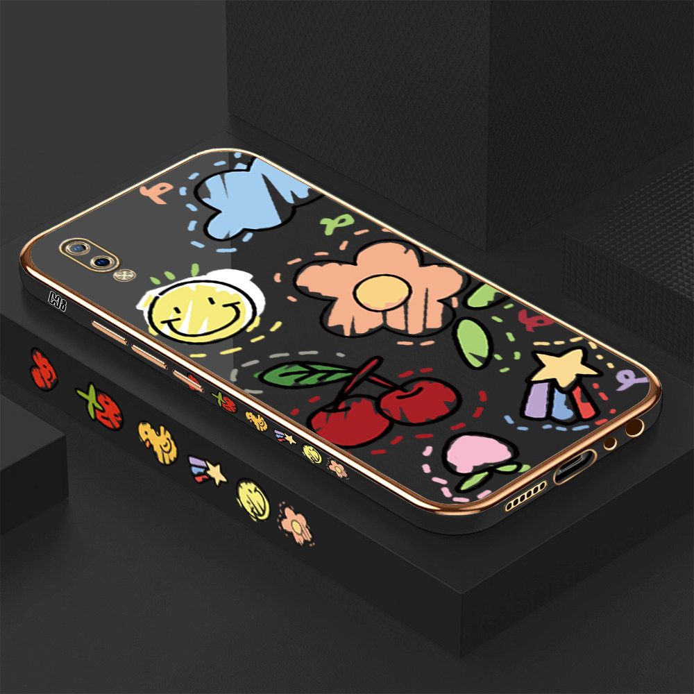 Luxury 6D Plating Case for Vivo Y93 Color Cartoon cherry Peach Side Pattern Back Cover Soft Silicone Square Frame Shiny Bling Phone Cases + Free Lanyard