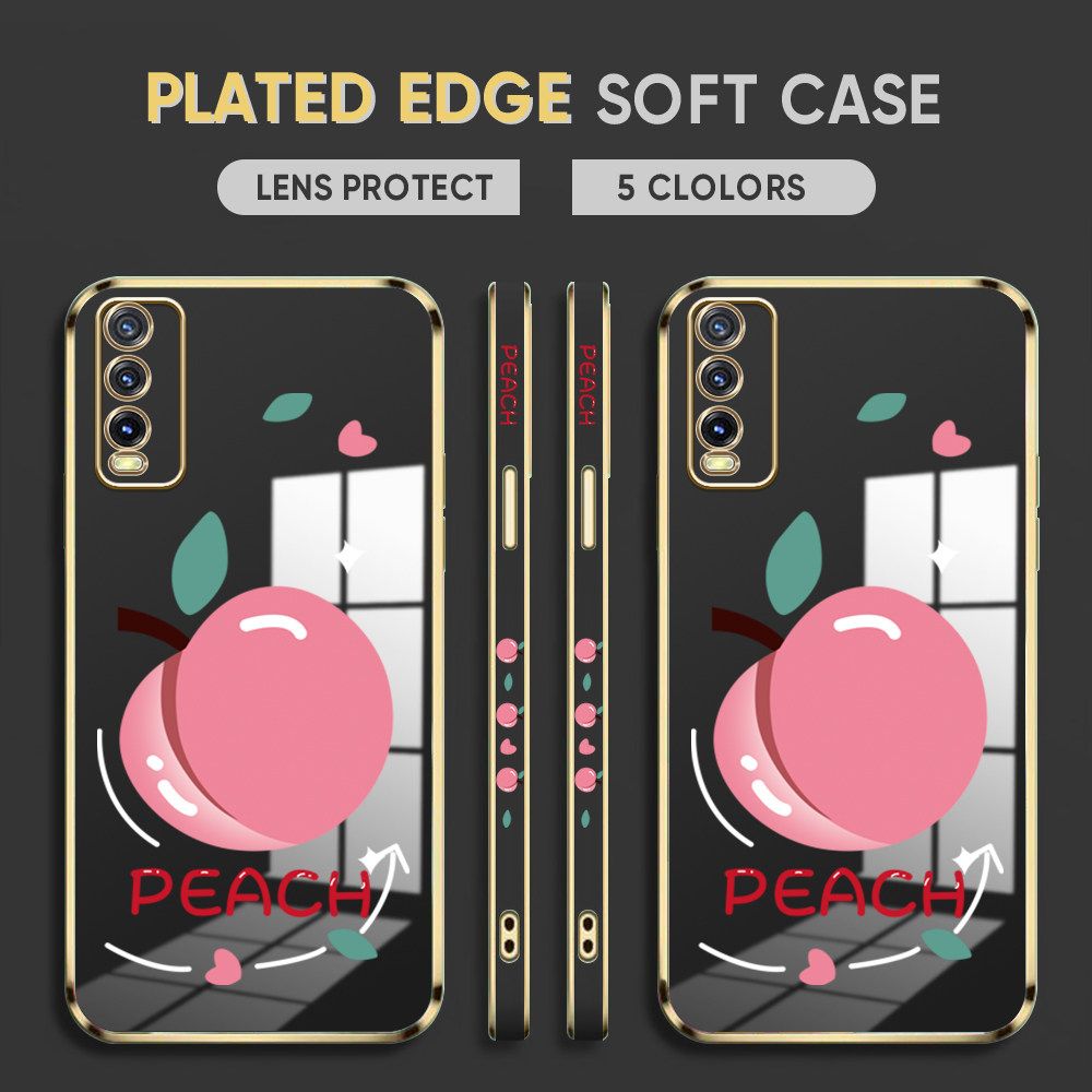 Luxury 6D Plating Case for Vivo Y20S Phone Cases Cartoon Simple Peach Side Print Soft Silicone Square Back Cover