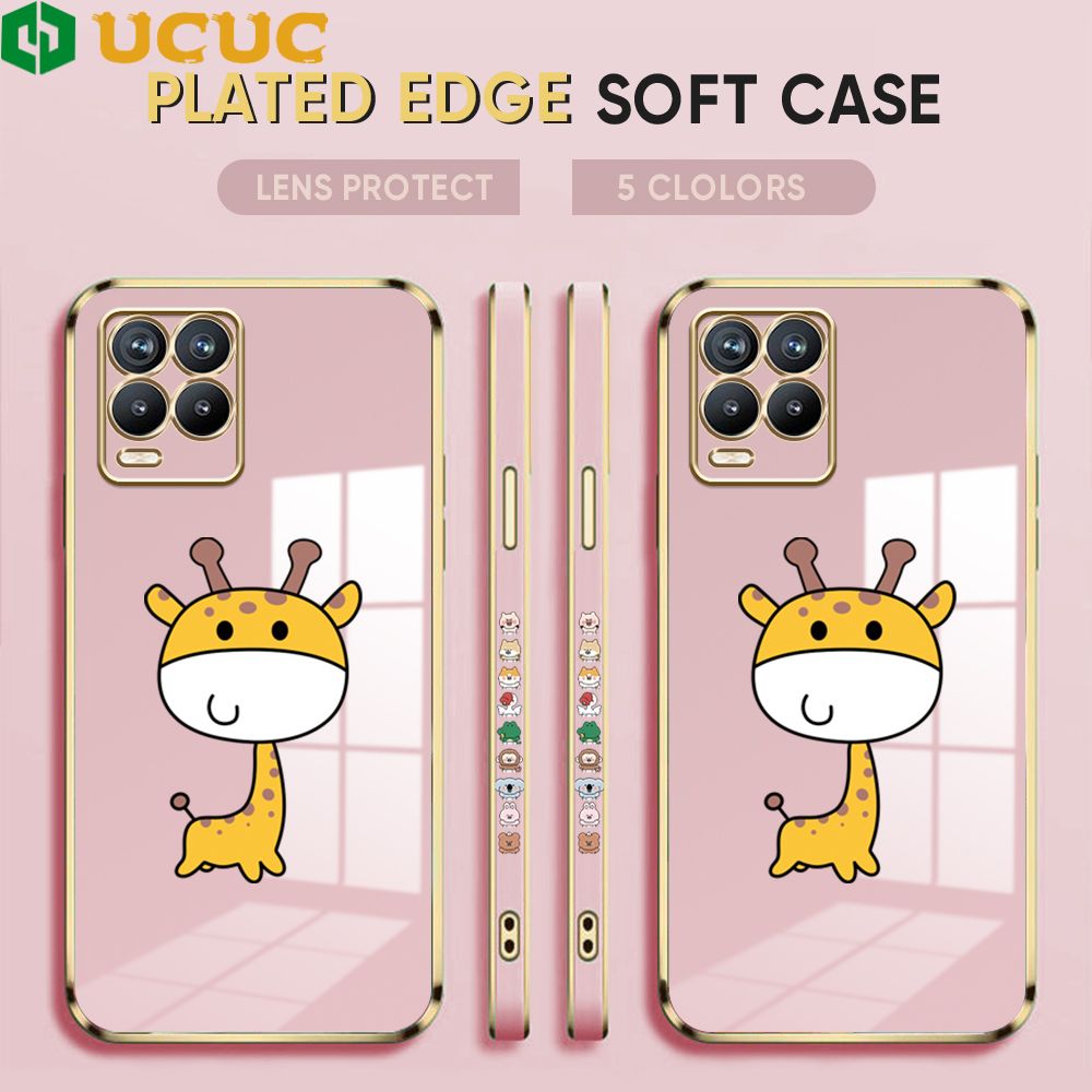 UCUC for Realme 8 4G / Realme 8 Pro Back Cover + Free Lanyard Big Head Giraffe Luxury 6D Plating Case Side Pattern Soft Silicone Square Phone Cases