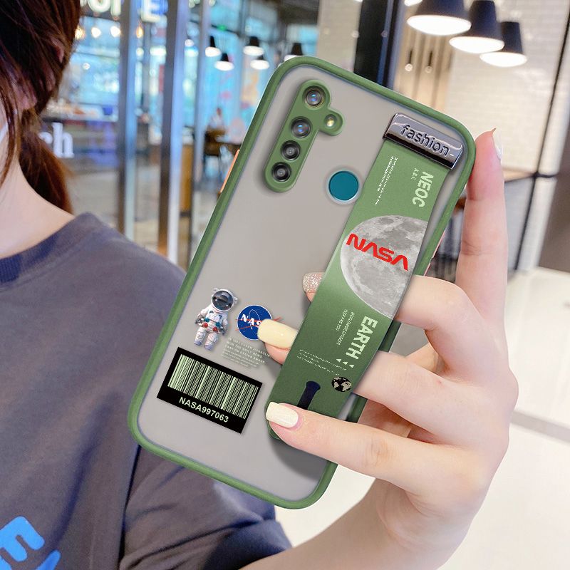 UCUC for Realme 5 Wrist Strap Case Creative Cartoon Astronaut Wristband Printing Cover Shockproof Frosted Phone Case