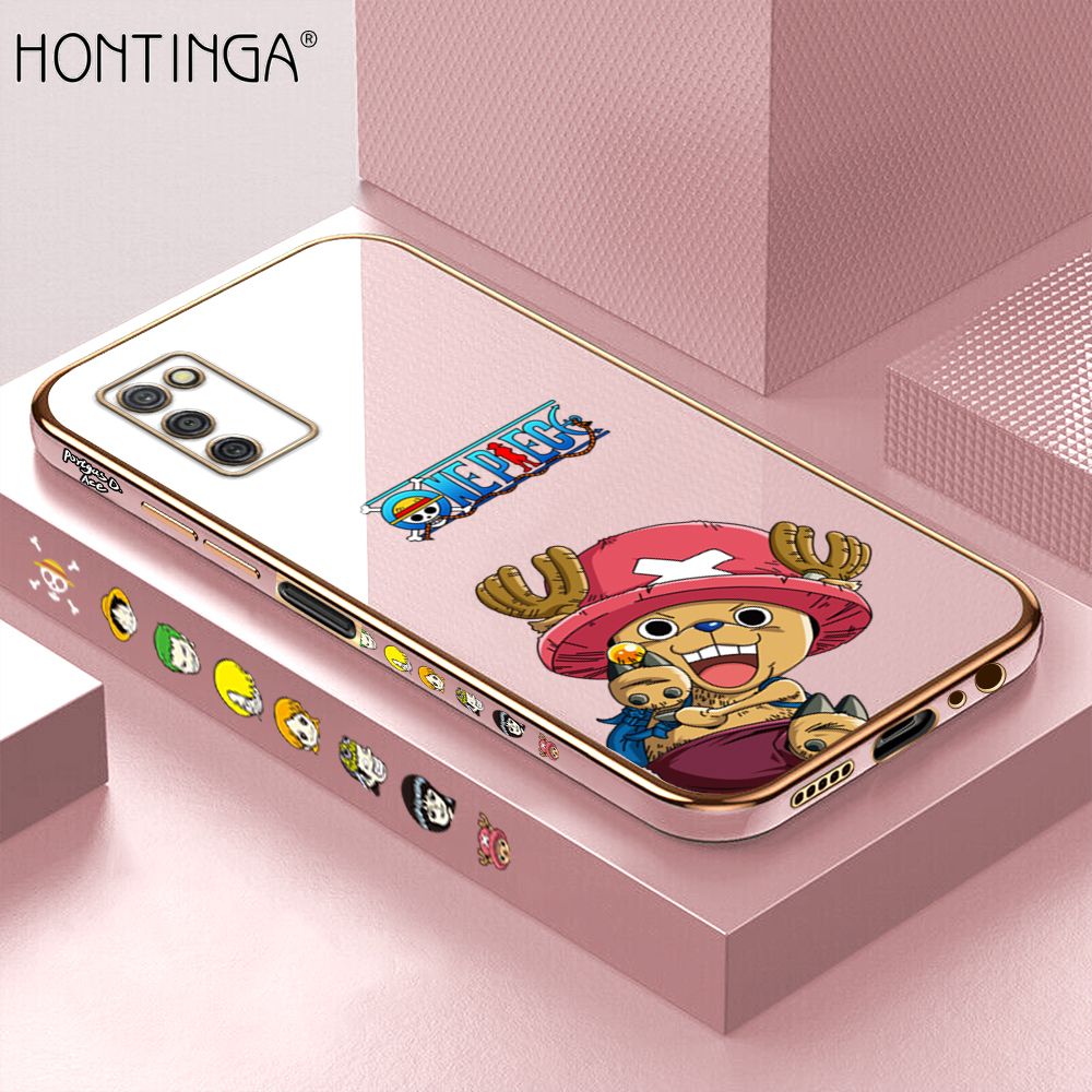 Hontinga for Samsung A03S Back Cover + Free Lanyard Luxury 6D Plating Cute Cartoon Choba Side Pattern Case Soft Silicone Square Mobile Cover