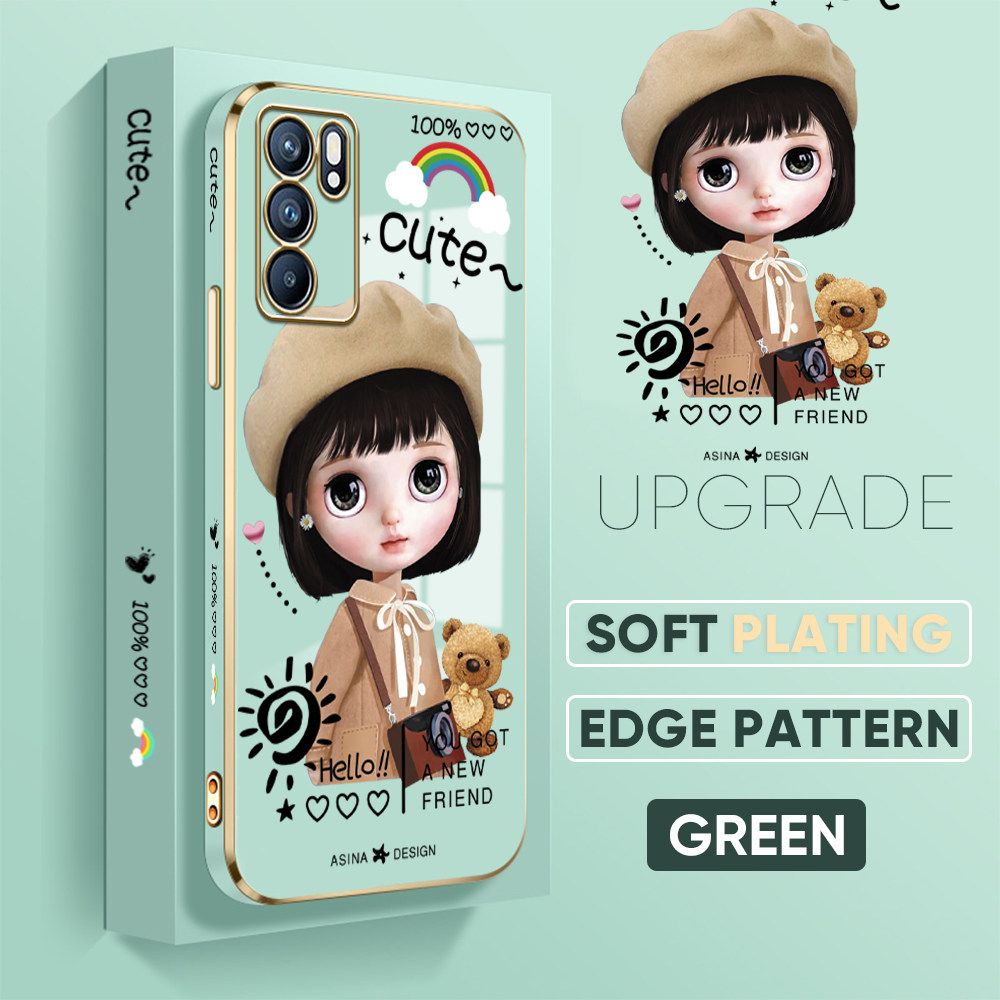 Jizetin (Free Lanyard) OPPO Reno6 5G Luxury 6D Plating Soft Casing Silicone Square Frame Phone Case Shiny Bling Back Cover Cute Sunshine Girl New design Side Drawing Case