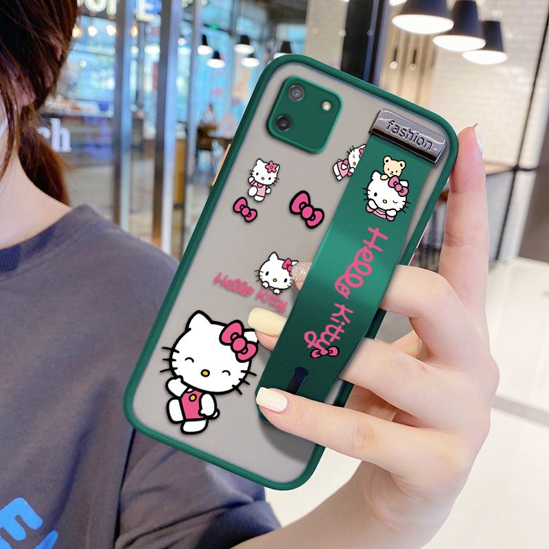 UCUC for Realme C11 Wrist Strap Case Lovely KT Cat Wristband Printing Cover Shockproof Ultra Thin Phone Case
