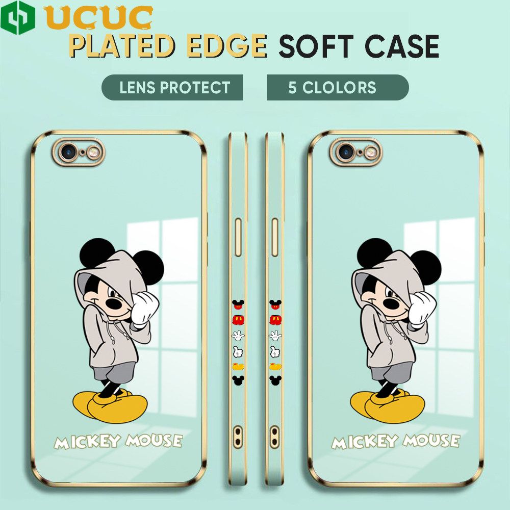 UCUC for iPhone 6 Plus 6s Plus Back Cover + Free Lanyard Hoodie Mouse Luxury 6D Plating Case Side Pattern Soft Silicone Square Phone Cases